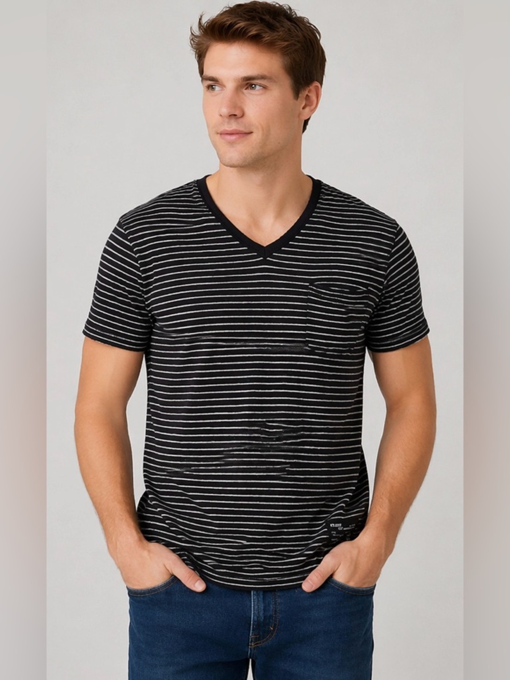 Express Men’s Striped V-Neck T-Shirt Size XL | Black & White Stripe Tee